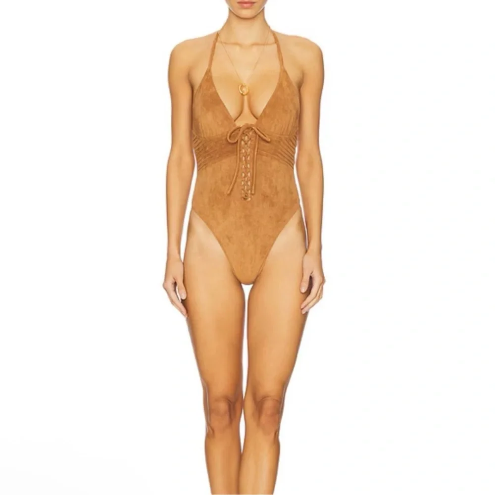 Frankies Bikinis x Bella Hadid Barrel Suede One-Piece Swimsuit Size Small NWT